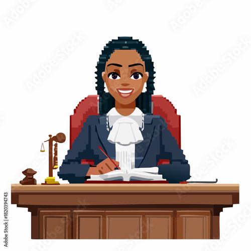 A smiling African American female judge in a suit and jabot, writing at a wooden desk with a gavel and scales of justice.
