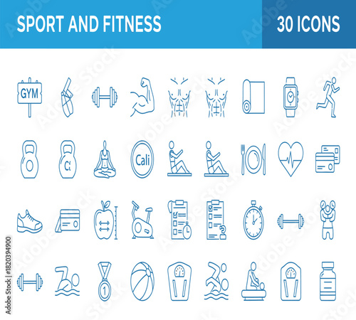 Illustration of sport and fitness line icons collection with gym equipment, exercise activities, and healthy lifestyle elements, isolated on white background