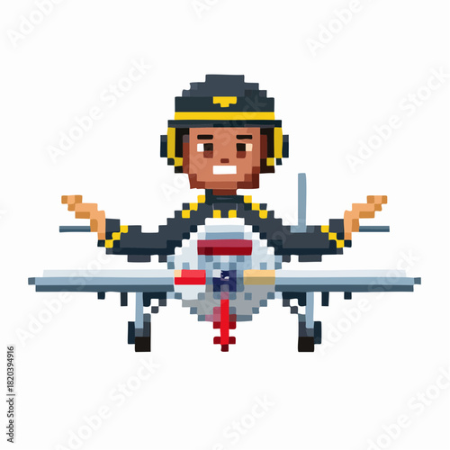 Pixel art pilot character with dark skin and helmet, standing behind a small white airplane with red accents, on a white background.