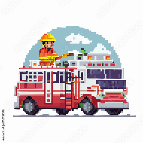 Pixel art illustration of a firefighter in uniform on top of a red and white fire truck, holding a hose, with a pixelated sky background.