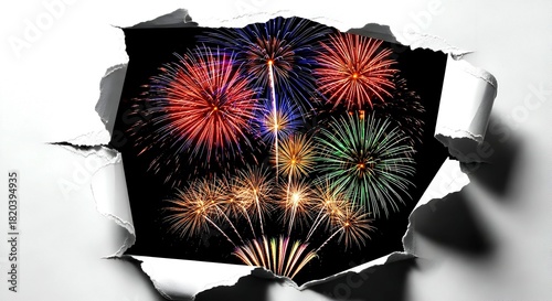 Fireworks Bursting Through Torn Paper, Colorful Celebration on B