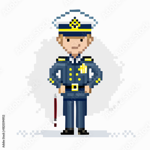 A pixel art illustration of a male officer in a blue uniform with a hat and gold details, standing with hands on hips.
