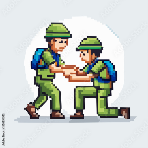 Pixel art illustration of one soldier helping another soldier stand up, showing support and teamwork.