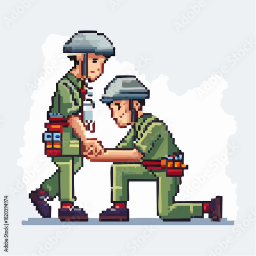 Pixel art illustration of two soldiers in green uniforms, one standing and holding the hand of the other who is kneeling, depicting a moment of support and camaraderie.