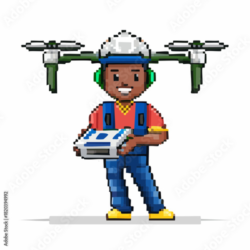 A pixel art illustration of a smiling man wearing a hard hat and drone backpack, holding a remote control.