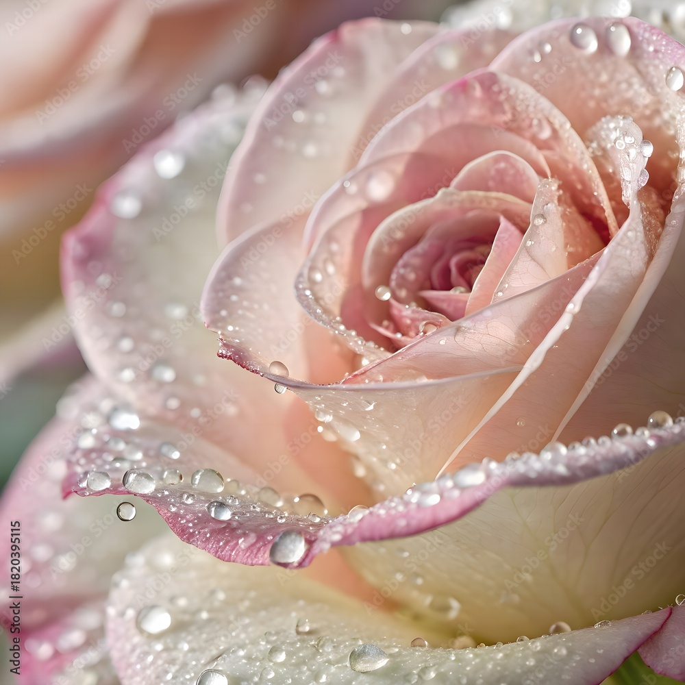 Fototapeta premium Dew-Kissed Petal Edges, Soft Pastel Focus. Close-up of petal edges with dew drops and soft focus—delicate pastel palette for elegant beauty campaigns.