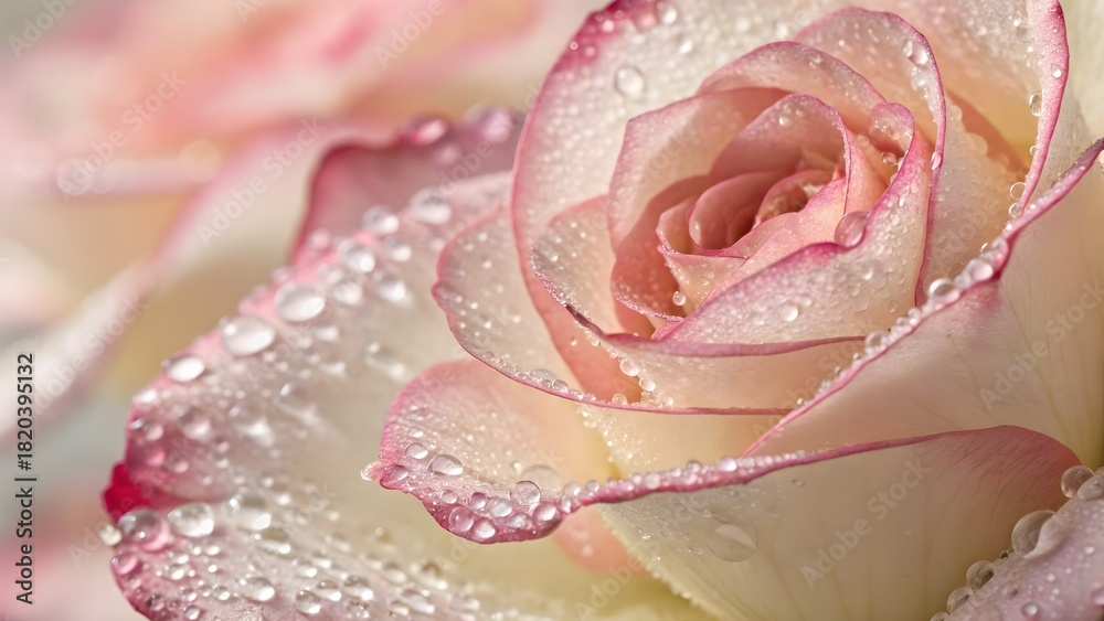 Fototapeta premium Dew-Kissed Petal Edges, Soft Pastel Focus. Close-up of petal edges with dew drops and soft focus—delicate pastel palette for elegant beauty campaigns.