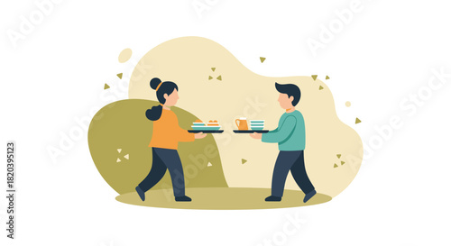 An illustration depicts two individuals carrying trays, possibly serving food or beverages, against a soft, abstract background of flowing shapes.