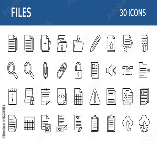 Illustration of collection of file and folder icons, including document, edit, upload, download, search, security, warning, code, save, and cloud storage symbols, isolated on white background