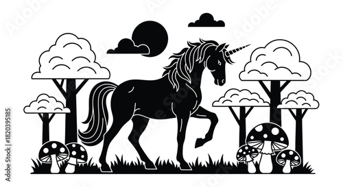 Majestic unicorn in a magical forest with mushrooms and stylized trees