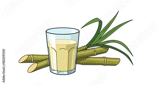 A refreshing glass of freshly squeezed sugarcane juice served with several stalks of raw sugarcane and green leaves, on a white background.