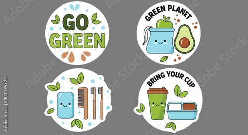 Sustainable living stickers promoting eco friendly lifestyle choices