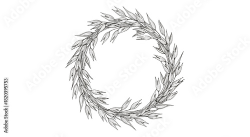 A detailed black and white illustration of a botanical wreath made of textured leaves, forming an elegant circular frame for natural and organic designs.