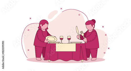 Two individuals prepare a table setting with plates, silverware, and wine glasses, ready for a formal dining experience.