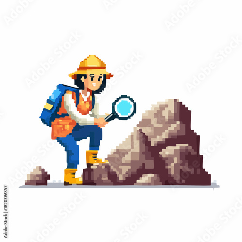 Pixel art illustration of a geologist examining a rock with a magnifying glass.