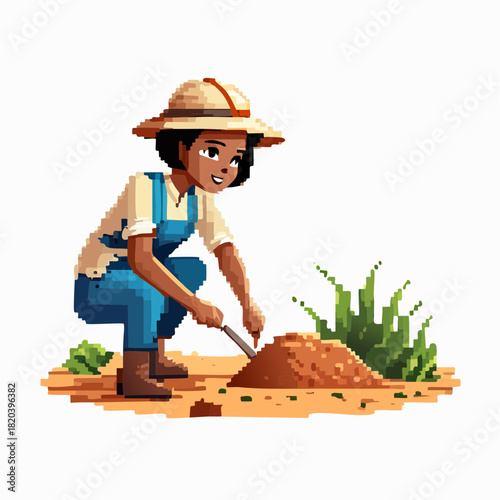 A pixel art illustration of a young woman in a hat and overalls digging in the dirt with a trowel, surrounded by green plants.
