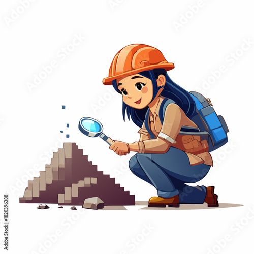 A cartoon girl in a hard hat and backpack, crouching and examining a pile of blocky stones with a magnifying glass.