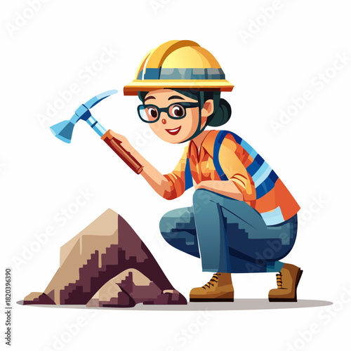 Cartoon illustration of a female geologist or miner in a hard hat and safety vest, crouching and using a pickaxe on a rock.