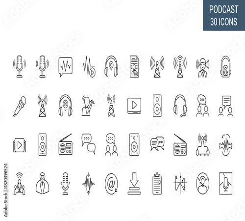 Illustration of set of 30 handdrawn podcast and audio broadcasting icons, featuring microphones, headphones, speakers, radio, and sound waves, isolated on white background