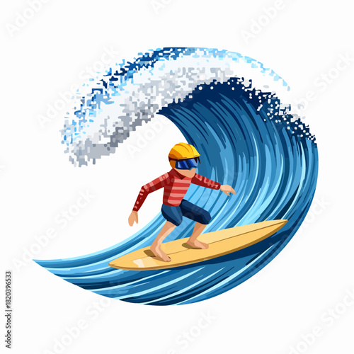 A cartoon illustration of a person surfing on a large blue ocean wave, wearing a yellow helmet and sunglasses.