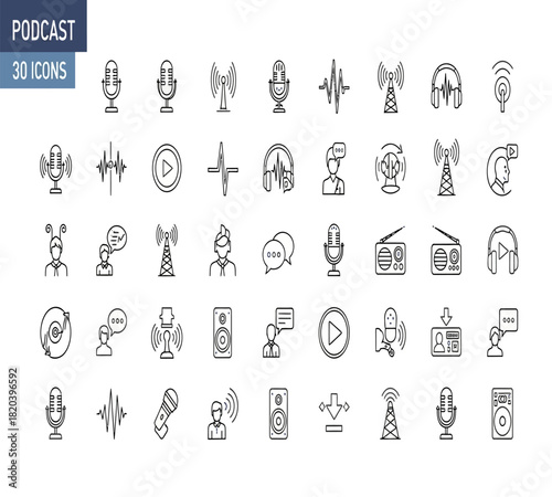 Illustration of set of 30 handdrawn podcast and audio broadcasting icons, featuring microphones, headphones, speakers, radio, and sound waves, isolated on white background