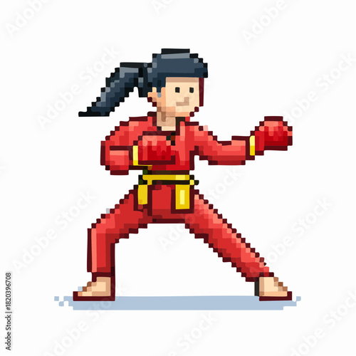 Pixel art illustration of a female martial artist in a red uniform and yellow belt, ready to fight.