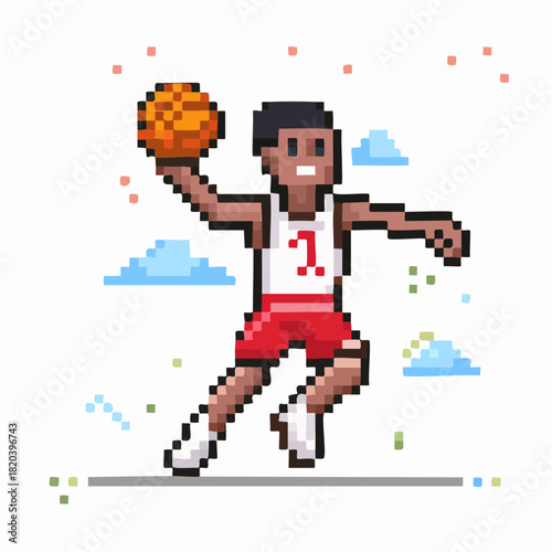 A pixel art illustration of a basketball player in a red and white jersey with number 1, mid-jump holding a basketball.