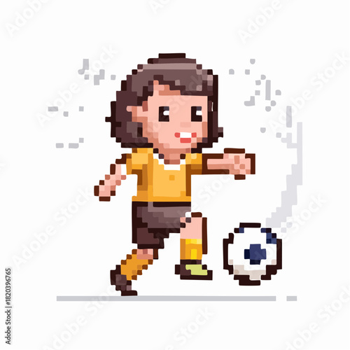 Pixel art illustration of a happy young girl playing soccer and dribbling a ball on a white background.