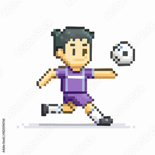 Pixel art illustration of a young boy in a purple uniform playing soccer, dribbling a ball.