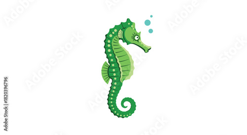 A charming and vibrant green seahorse with large, cartoonish eyes and delicate blue air bubbles, illustrated against a clean white background.