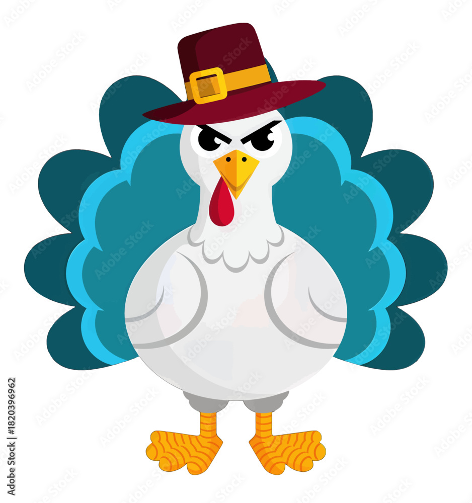 Fototapeta premium Angry Cartoon Turkey with Pilgrim Hat and Blue Feathers