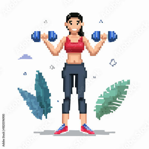 Pixel art illustration of a fit woman lifting blue dumbbells, exercising in a gym or fitness setting with abstract plant elements.