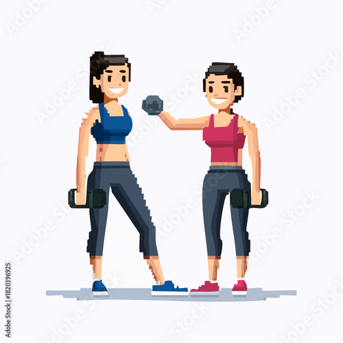 Pixel art illustration of two women exercising with dumbbells, showcasing fitness and strength training.