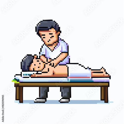 Pixel art illustration of a masseur giving a back massage to a person lying on a table, depicting relaxation and wellness.
