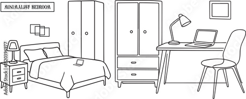 Minimalist Bedroom and Workspace Interior – Detailed Modern Line Art Illustration