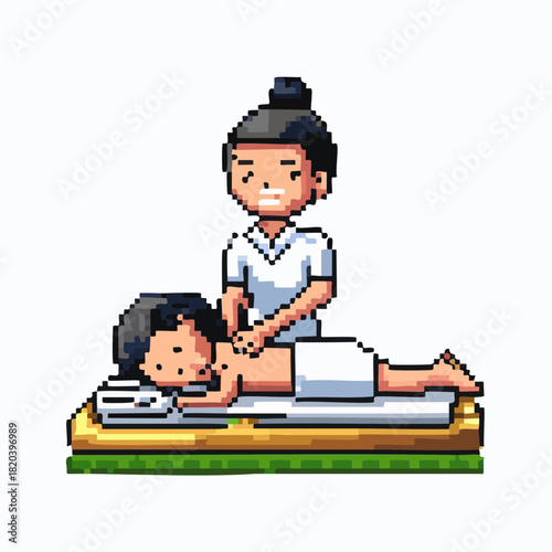 Pixel art illustration of a person receiving a relaxing back massage from a masseuse on a table.