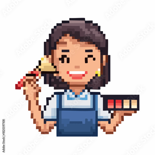 Pixel art illustration of a smiling female artist holding a paintbrush and a color palette, ready to create.