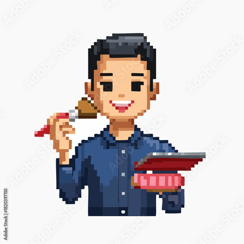 Pixel art illustration of a smiling man in a blue shirt holding a paintbrush and a makeup palette, depicting a beauty or art theme.