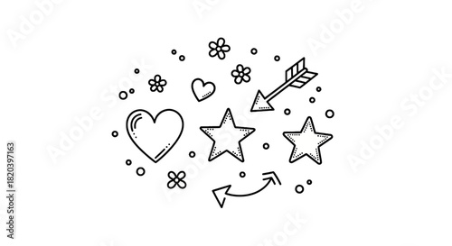 Hand-drawn set of romantic elements with hearts, stars, and arrows, suitable for design