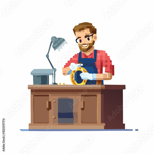 Pixel art illustration of a craftsman polishing a golden ring at a workbench.