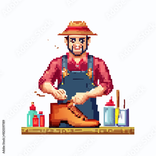 Pixel art illustration of a smiling shoemaker in a hat and overalls, diligently working on repairing a brown shoe with tools and bottles on his workbench.