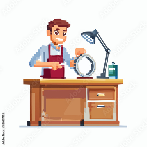 Pixel art illustration of a smiling craftsman working at a workbench, meticulously shaping a metal object with tools under a desk lamp.