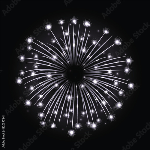 Stylized graphic of a brilliant white firework celebration burst on a black background.