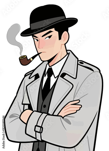 Cartoon Man in Trench Coat and Hat Smoking a Pipe