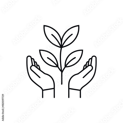“Minimal black line art of two hands gently holding a small plant with three leaves, eco protection concept, vector outline, white background.”