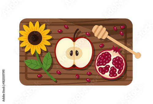 Colorful fruit and flower illustration with a honey dipper