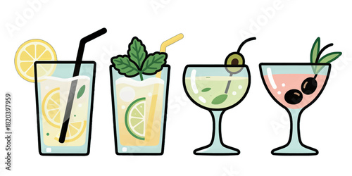Colorful illustration of summer cocktails with garnishes