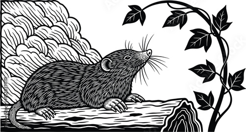 Detailed woodcut illustration of a mole on a log with leaves and clouds eps silhouette