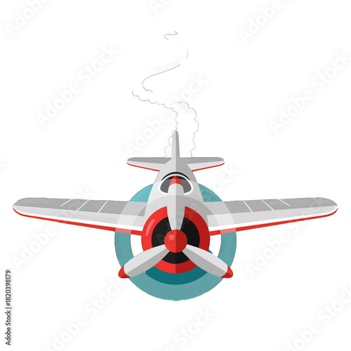 Colorful vintage airplane with propeller and smoke trail