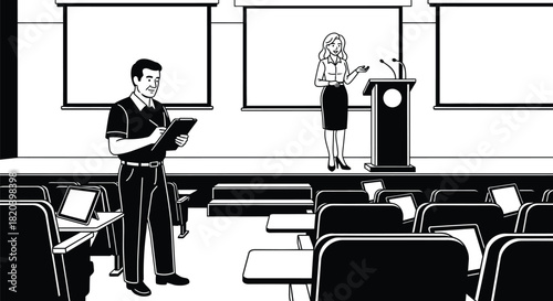 Conference presentation event speaker audience black and white image